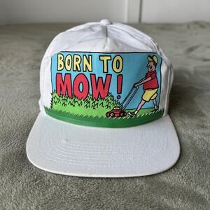 Avon Hat Cap Snap Back Mens One Size White Born To Mow Lawn Dad‎ Funny Graphic